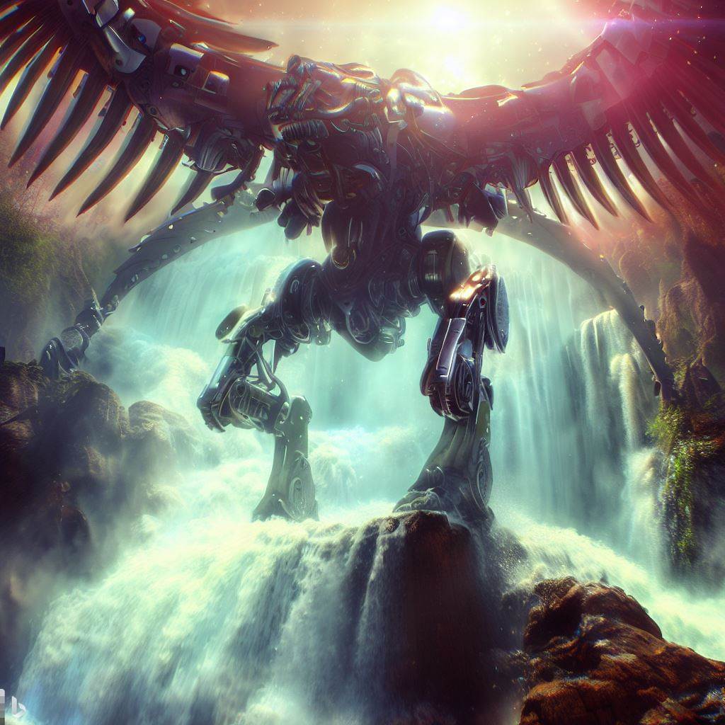 future mech dinosaur with wings in waterfall, wildlife in foreground, nebula, lens flare, fish-eye lens, realistic h.r. giger style 1.jpg
